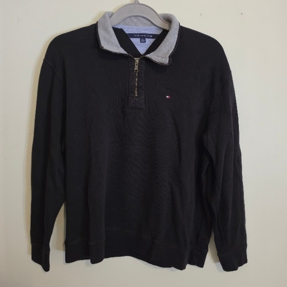 Tommy Hilfiger Mens XXL Black Ribbed Quarter Zip Pullover Sweater Grey Collar